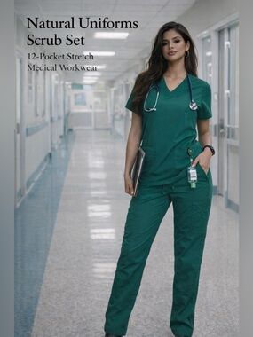 Natural Uniforms Scrub Set Green Top & Pants Stretch Medical Workwear